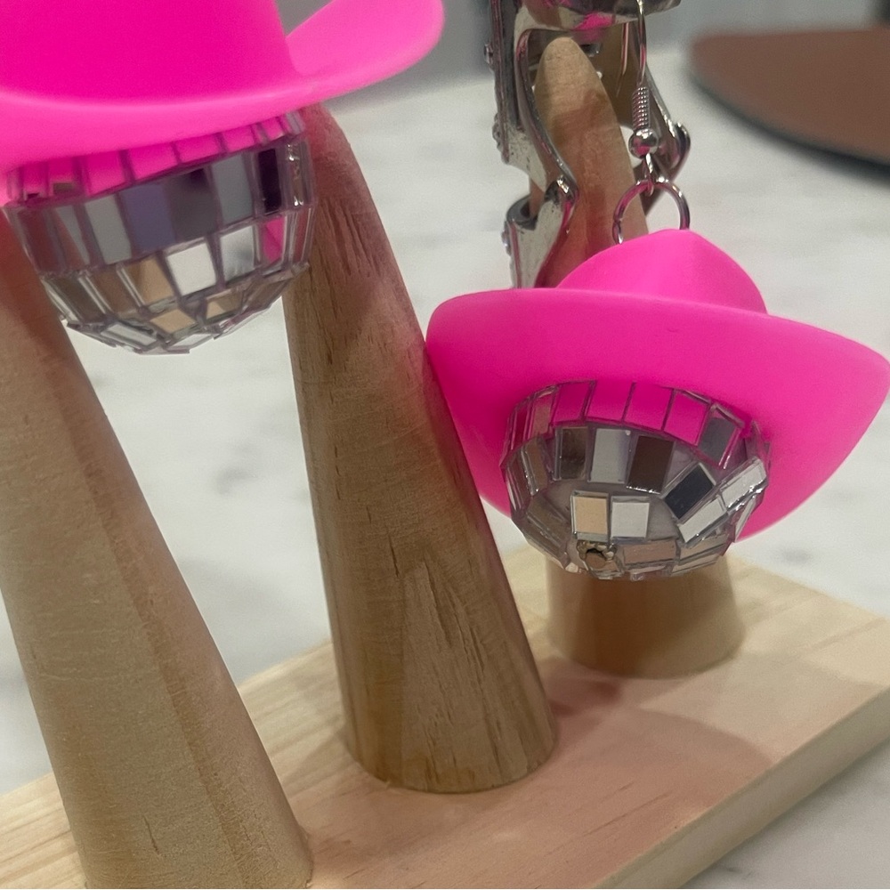 Pink Western Cowboy Hat Discoball Earings - Picture 2 of 4